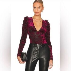 Free People Magic Hour Bodysuit in Scarlet Red Velvet, Black Mesh: Size XS NWT